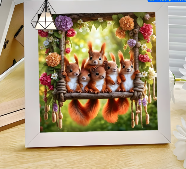 Diamond Painting Eichhörnchen auf der Schaukel